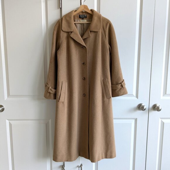 Vintage Norm Thompson Camel Wool Cashmere Coat Women 16 Made in UK Long Overcoat
